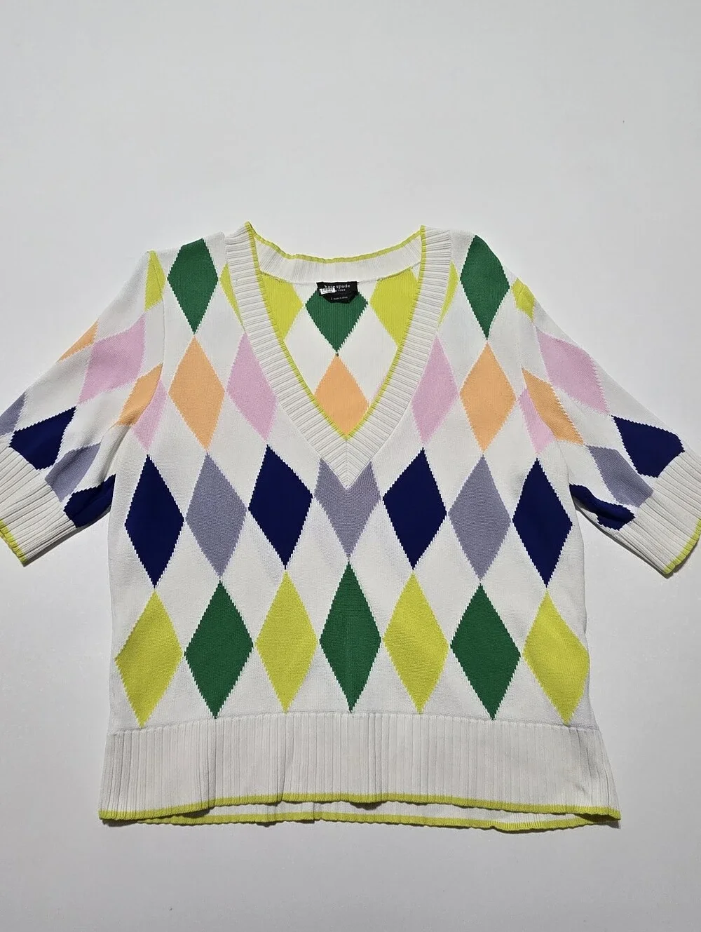 Kate Spade New York Spring Argyle Sweater Short Sleeves V-neck Size L